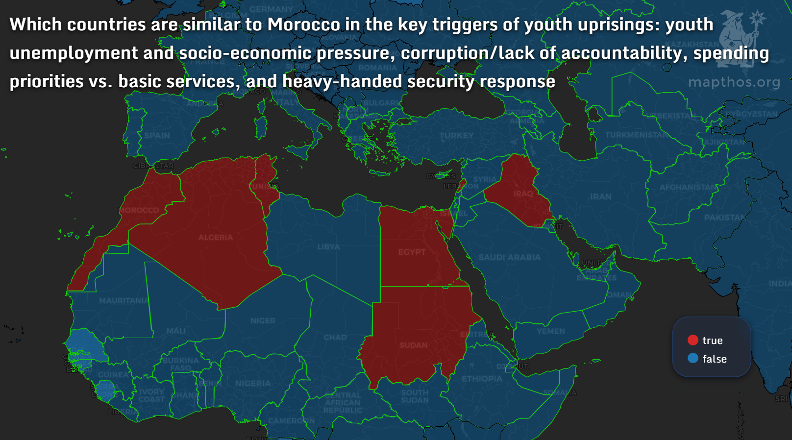 Map showing countries similar to Morocco in youth protest triggers