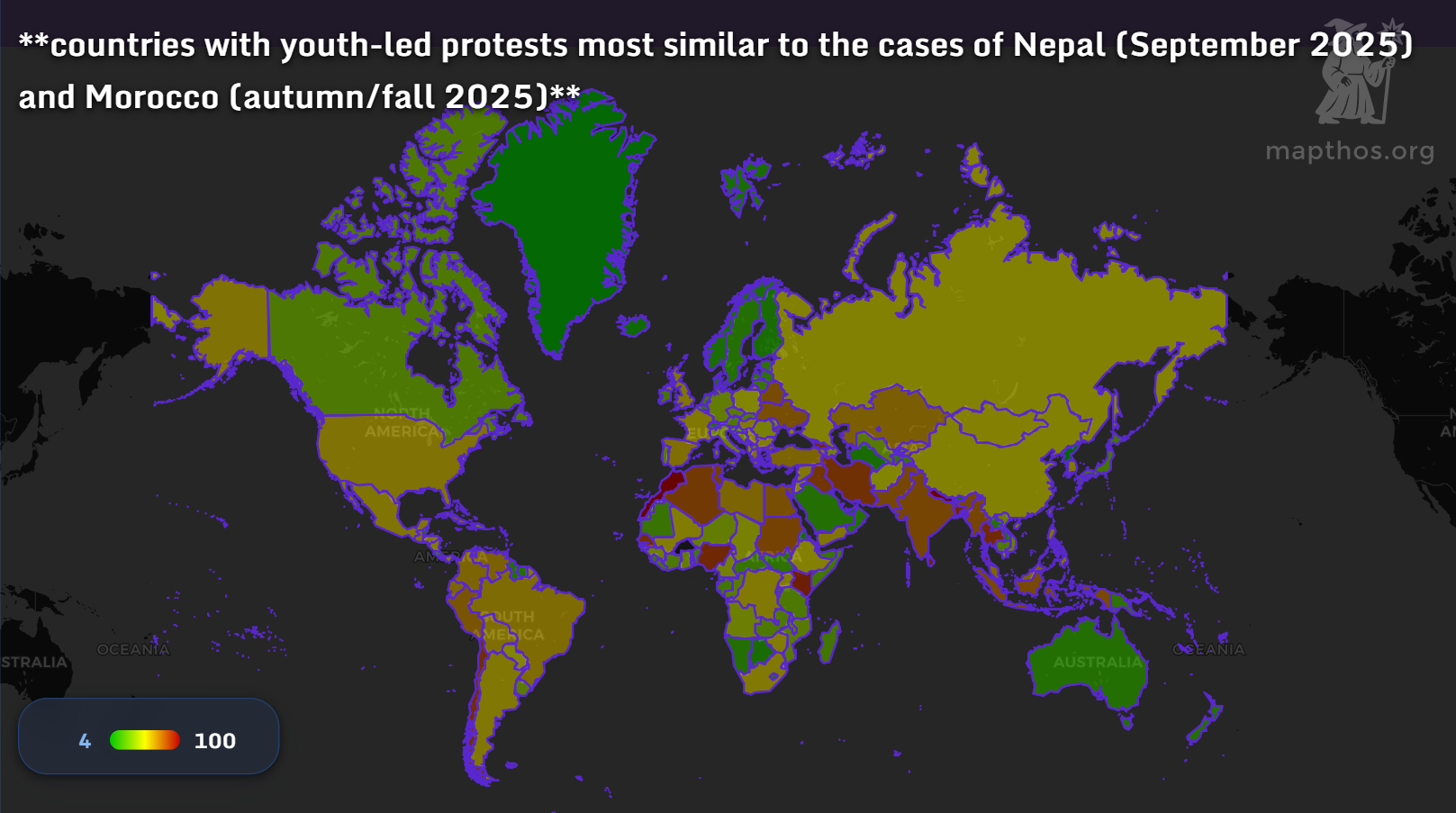 Global map of countries similar to Nepal and Morocco protests