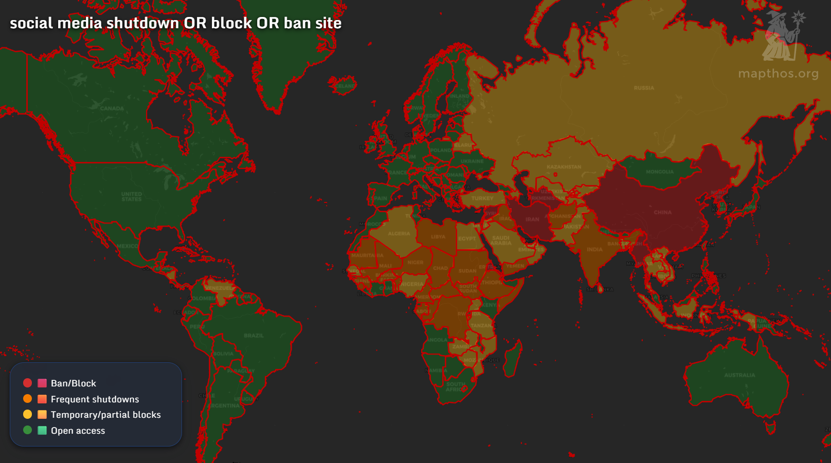 Map of global social media shutdowns and bans